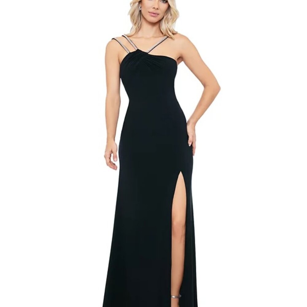 XSCAPE Women's Asymmetric Rhinestone-Strap High-Slit Gown Black Size 4